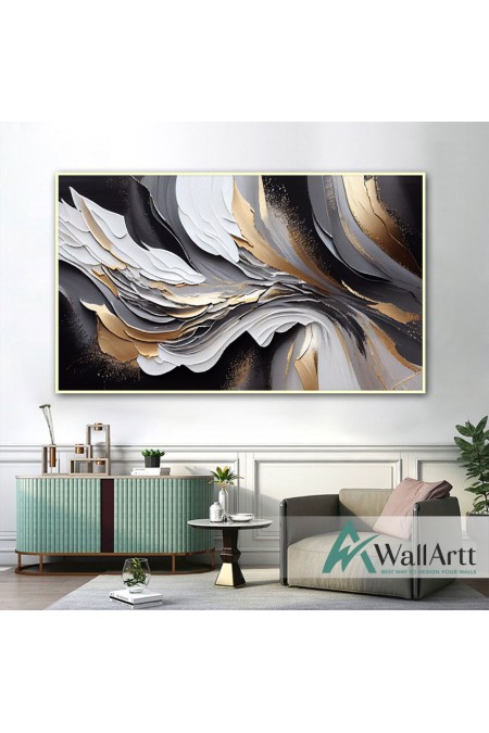 Abstract Gold with Black n White 3d Heavy Textured Partial Oil Painting